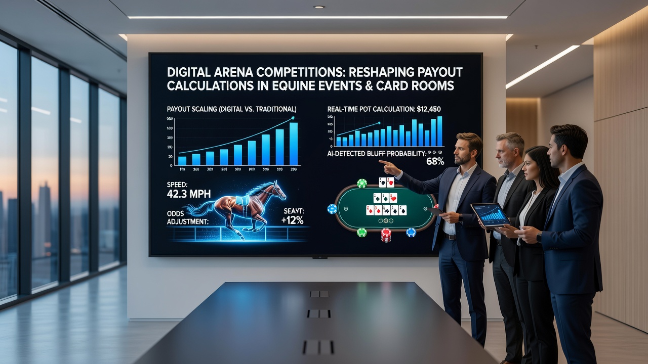 Online card room interface displaying real-time payout calculations and digital arena competition metrics