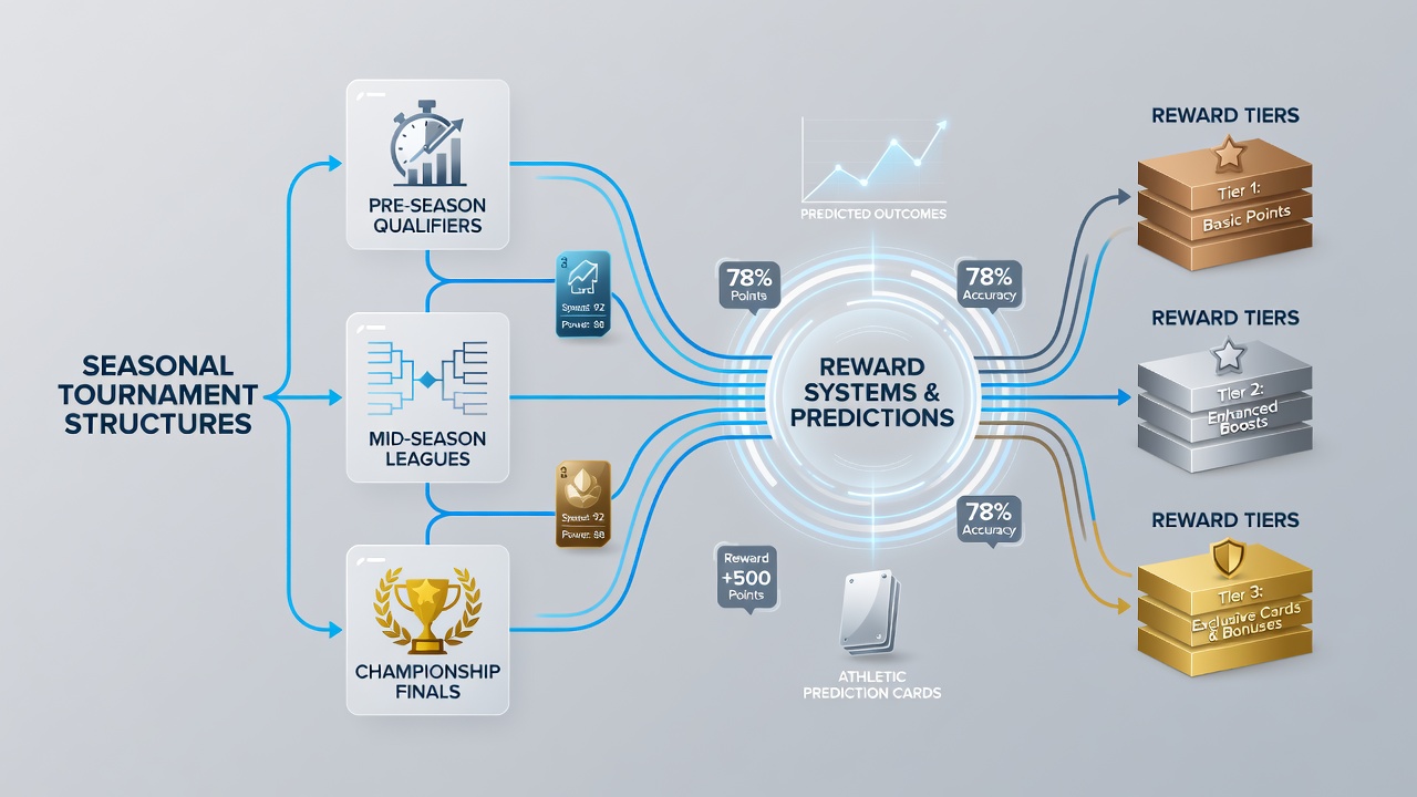 Digital dashboards showing reward tiers and seasonal leaderboards for predictions and card tournaments