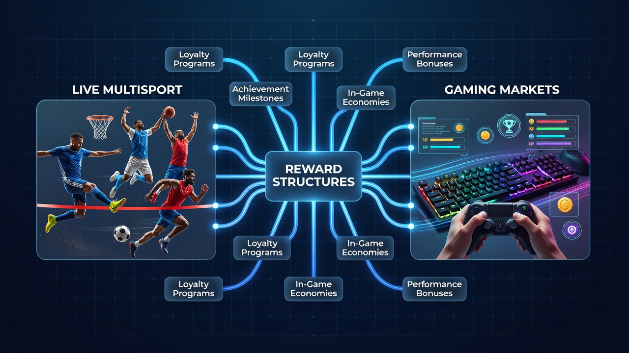 Digital dashboard displaying synchronized reward points from multisport events and gaming sessions with regional compliance indicators
