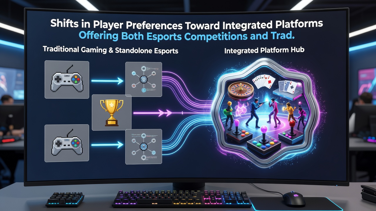 Players engaging with hybrid gaming platform showing esports arena view next to digital casino table options